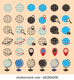 Earth globe travel vector icon set