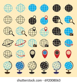 Earth globe travel vector icon set