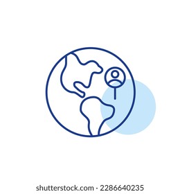 Earth globe with user pin pointer. Customer location. Pixel perfect, editable stroke line icon