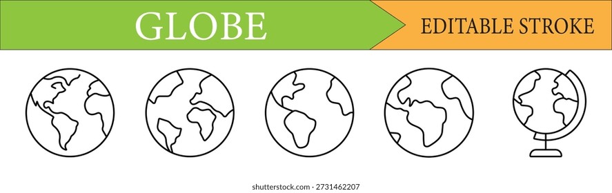 Earth Globe Vector Icon Set - World Planet and Geography Line Art
