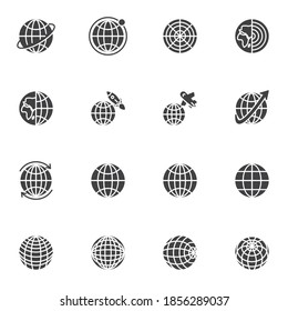 Earth globe vector icons set, modern solid symbol collection, globe grid filled style pictogram pack. Signs, logo illustration. Set includes icons as worldwide travel, orbit, rocket, plane spaceship