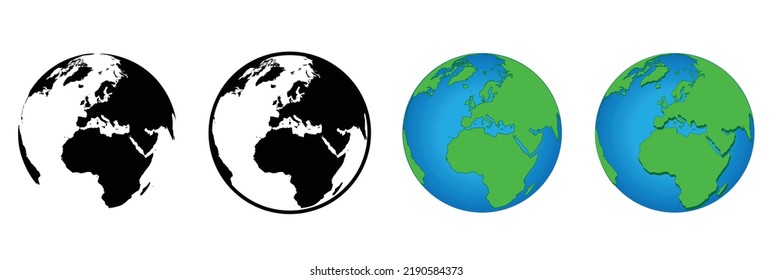 Earth Globe vector illustrations in various different designs, Globe world map flat icon style, Green and blue earth icon, 3d illusion globe icon. A globe, earth, planet, world map icon set collection