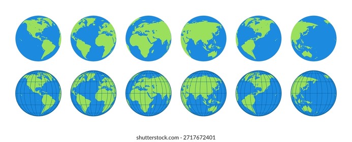 Conjunto de Vectores de globo terrestre: Colección de planeta azul y verde, ilustración de mapa mundial plano, iconos de tierra de dibujos animados lindos, Educación, geografía global, medio ambiente y concepto de ecología.