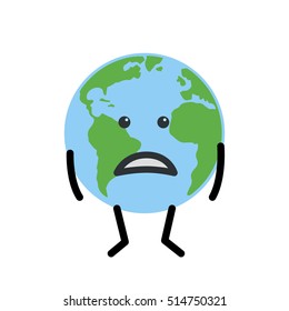 Earth globe very sad. Isolated on white background. Flat planet icon. Vector illustration.