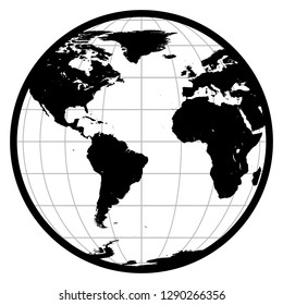 Earth Globe view of America Africa Europe. Flat black and white silhouette planet Earth icon isolated on white background. Vector illustration