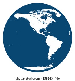 Earth Globe view of North and South America. Flat blue silhouette planet Earth icon isolated on white background. Vector illustration