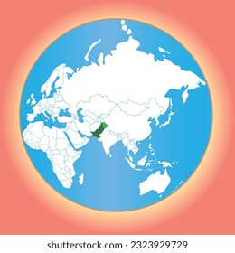 Earth Globe view of the World map. Pakistan is pointed out on the map. The Planet Earth icon is isolated on a white background. Vector Art