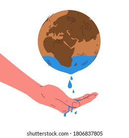 Earth globe water resources. Vector concept illustration of dry red planet earth sphere representing depletion, lack of the drinking water resources. Drops of water fall from the globe into the palm