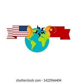 Earth globe with a waving flags of United States and China and golden coins. Trade war concept - Vector