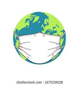 Earth globe wearing medical face mask. Coronavirus pandemic, Worldwide spread of disease concept