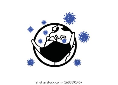 Earth globe wearing medical face mask. Coronavirus pandemic, Worldwide spread of disease concept