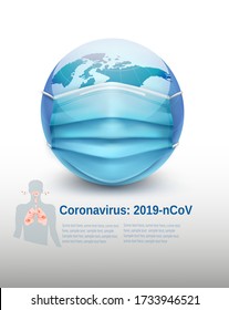 Earth globe wearing protective Medical Surgical Face mask. Coronavirus Background, COVID-19. Vector illustration