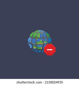 earth globe with web and forbidden sign in pixel art style