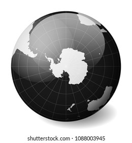 Earth globe with white world map and black seas and oceans focused on Antarctica and South Pole. With thin white meridians and parallels. 3D glossy sphere vector illustration.