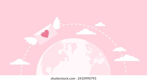 Planeta terrestre y sobre alado con el corazón volando alrededor. Enviando una carta de amor. Ilustración vectorial plana