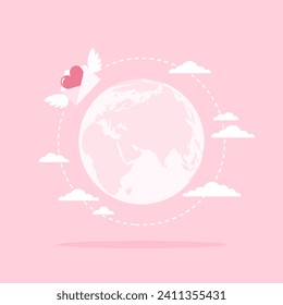 Earth globe and winged envelope with heart inside flying around. Sending a love letter. Flat vector illustration