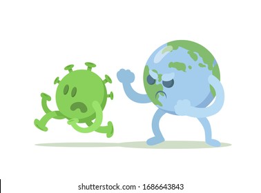 Earth Globe wins fight against Coronavirus, cartoon style composition. Fight covid-19, coronavirus outbreak concept. Flat vector illustration, isolated on white background.