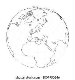 Earth globe wireframe. Focused on Europe. Vector illustration of black stroke on white background.