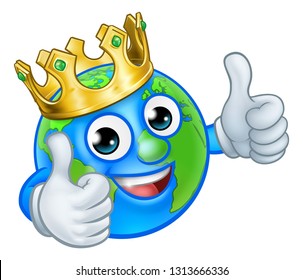 An earth globe world cartoon character mascot wearing a gold king crown and giving a thumbs up