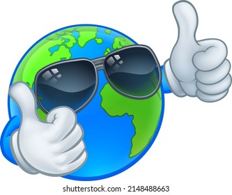 An earth globe world cartoon character mascot wearing shades or sunglasses and giving a thumbs up