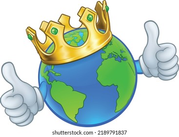 An earth globe world cartoon character mascot wearing a gold king crown and giving a thumbs up