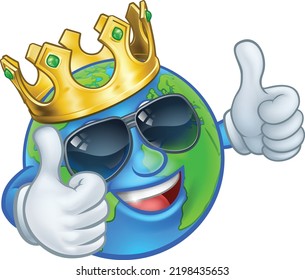 An earth globe world cartoon character mascot wearing a gold king crown and shades or sunglasses giving a thumbs up