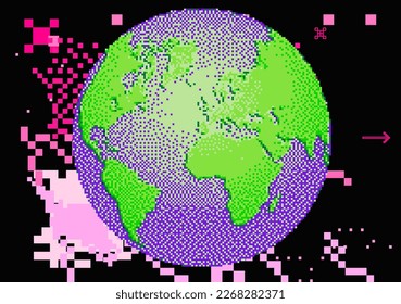 The Earth Globe World geography sphere map model in pixel art style. The concept of The World Wide Web.