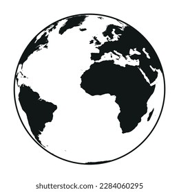Planeta terrestre - Mapa mundial con continentes en el planeta Tierra, ilustración vectorial en blanco y negro sobre fondo blanco