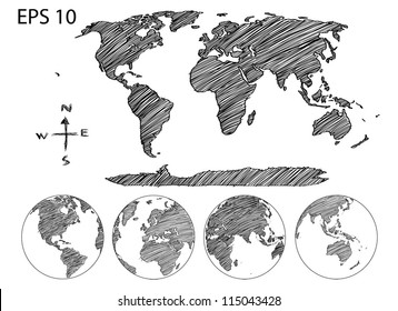 Earth Globe with World map Detail Vector Line Sketch Up Illustrator, EPS 10.