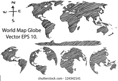 Earth Globe with World map Detail Vector Line Sketched Up Illustrator, EPS 10.