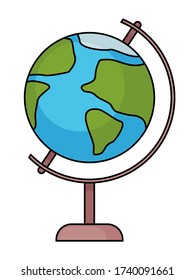 Earth globe with world map isolated on white background. Flat planet Earth icon vector illustration in cartoon design. Sphere of the planet Earth of blue and green colors on a special stand for study
