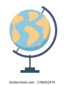 Earth globe with world map isolated on white background. Flat planet Earth icon vector illustration in cartoon design. Sphere of the planet Earth of blue and beige colors on a special stand for study
