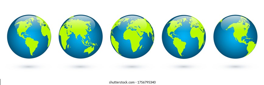 Earth globe. World map set. Planet with continents. Africa, Asia, Australia, Europe, North America and South America.