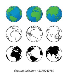 Earth Globe World with Silhouette and Black and White Line Art Drawing, Worldwide Map, Vector Cartoon Illustration, Outline Symbol Icon Sign Shape Element in Isolated White Background