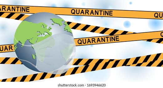 Earth globe with yellow tape with the inscription QUARANTINE. Global quarantine on coronavirus outbreak. Concept of quarantine world pandemic, pandemic medical health risk, quarantine virus. Vector