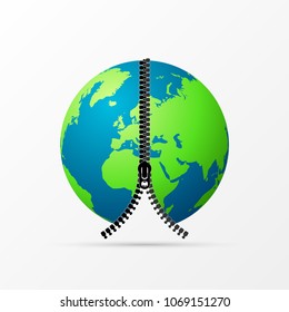 Earth globe with zipper. Connection concept. Vector illustration