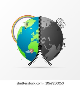 Earth globe with zipper. Global pollution concept. Vector illustration