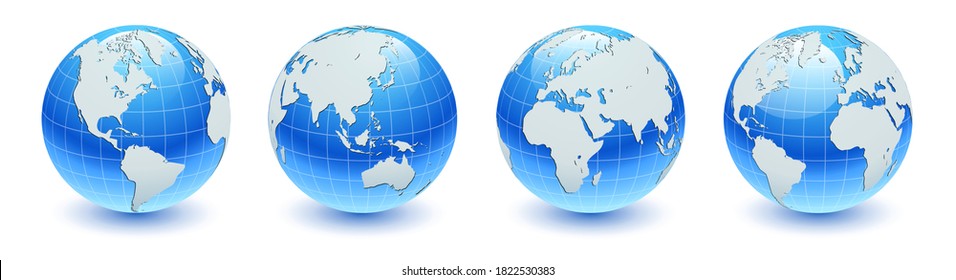 Earth globes 3D blue and white set, different views, realistic shiny icon with  parallels and meridians, vector world spheres design. 