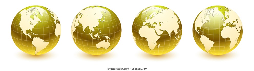 Earth globes 3D golden set, different views, realistic shiny icon with parallels and meridians, vector gold world spheres design. 