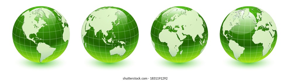 Earth globes 3D green set, different views, realistic shiny icon with  parallels and meridians, vector world spheres design. 