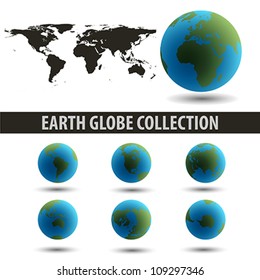  Earth Globes Collection end a map isolated on white. | Vector illustration.