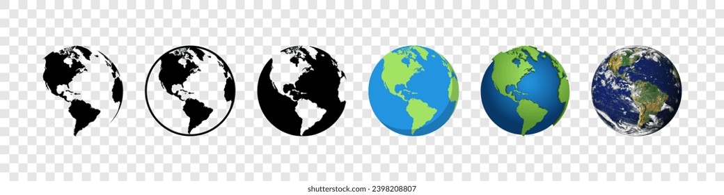 Earth Globes-Sammlung. Earth Globe in verschiedenen Designs. Weltkarte im Kreis. Weltkarte in modernen Stilen. Earth Map, einzeln. Globes Web-Icon. Vektorgrafik