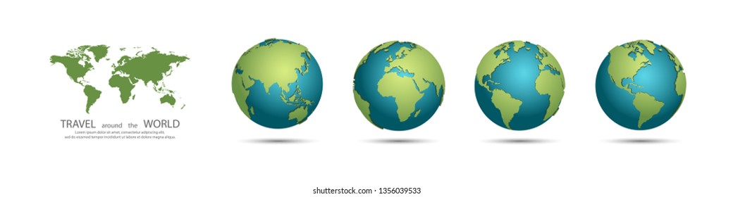 Earth Globes collection. Set of 3d earth globes with shadow. Travel around the world concept. Eps10