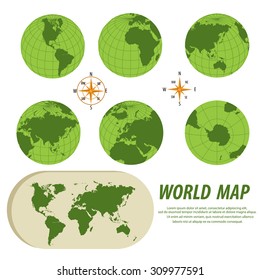 Earth globes with detailed world map, vector.