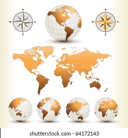 Earth globes with detailed world map, vector.