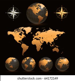 Erde Globes mit detaillierter Weltkarte, Vektorgrafik.