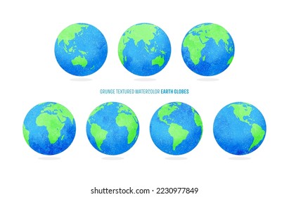 Earth globes illustration, grunge textured watercolor