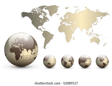 Earth globes and map of the world, detailed vector illustration