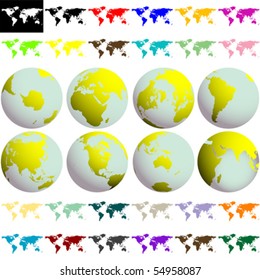 earth globes and maps against white background, abstract collection; vector art illustration