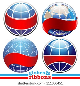 Earth globes with ribbons vector set